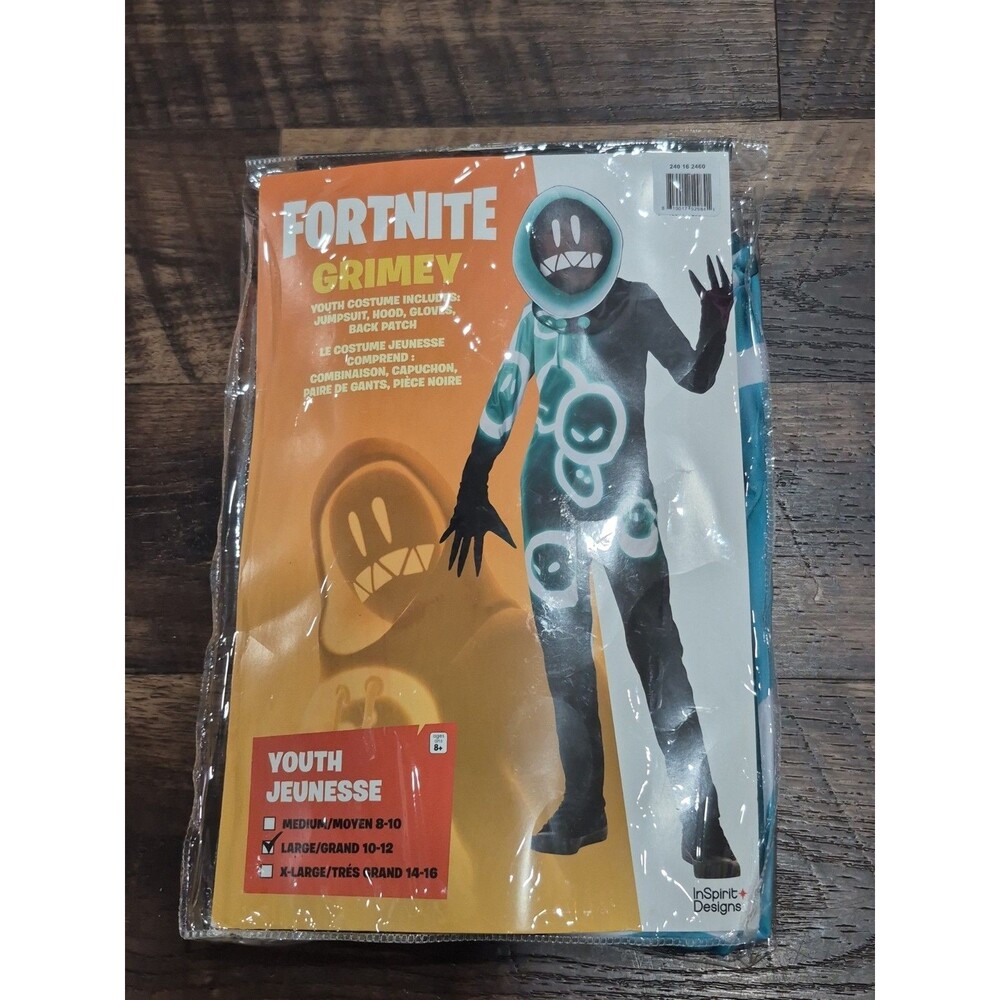 Fortnite Grimey Youth Costume Large 10-12 Jumpsuit Hood Gloves Patch
